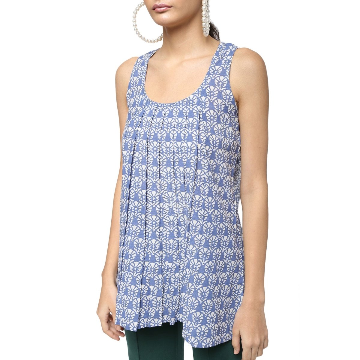 Blue Cotton Block Print Top - Kreate- Topwear