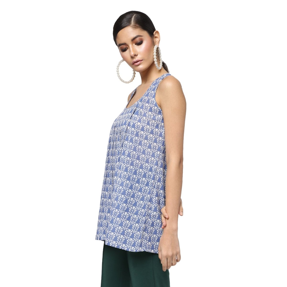 Blue Cotton Block Print Top - Kreate- Topwear