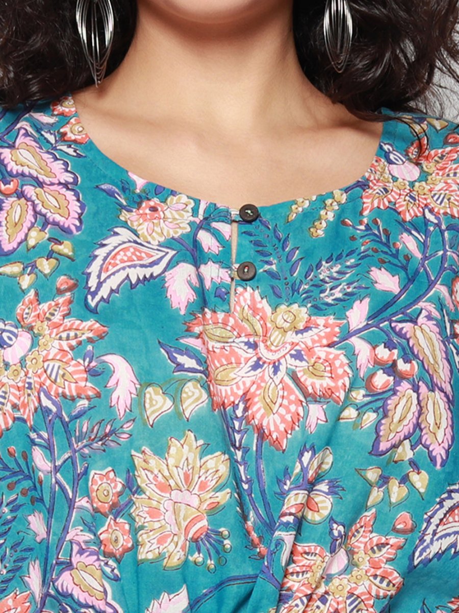 Blue Cotton Kaftan with Multicolor Florals - Kreate- Dresses & jumpsuits