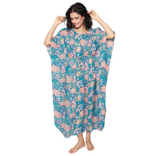 Blue Cotton Kaftan with Multicolor Florals - Kreate- Dresses & jumpsuits