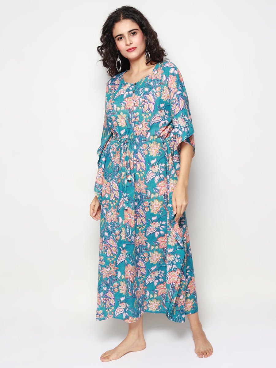 Blue Cotton Kaftan with Multicolor Florals - Kreate- Dresses & jumpsuits