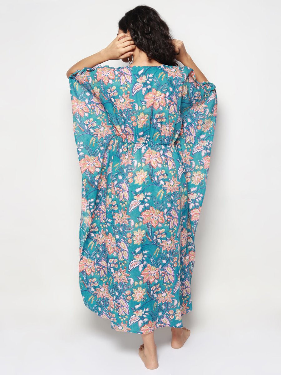 Blue Cotton Kaftan with Multicolor Florals - Kreate- Dresses & jumpsuits