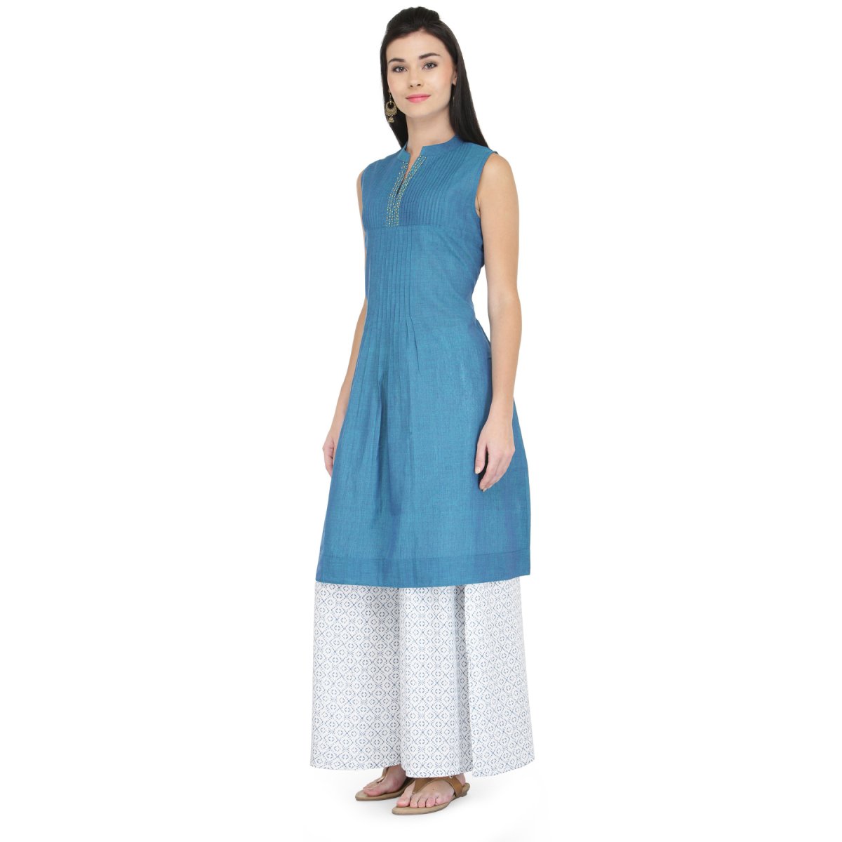 Blue Cotton Pintucks Kurta - Kreate- Kurtis & Salwar Suits