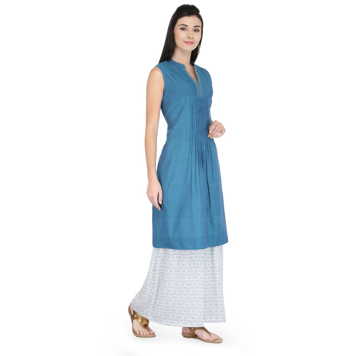 Blue Cotton Pintucks Kurta - Kreate- Kurtis & Salwar Suits