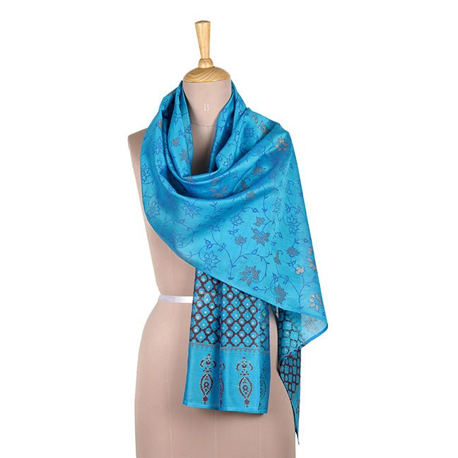 Blue Cotton Silk Block Print Stole - Kreate- Dupatta & Shawls