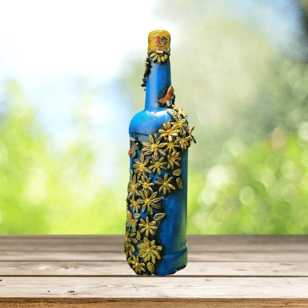 Blue Lace Pattern Bottle Art - Kreate- Table Decor
