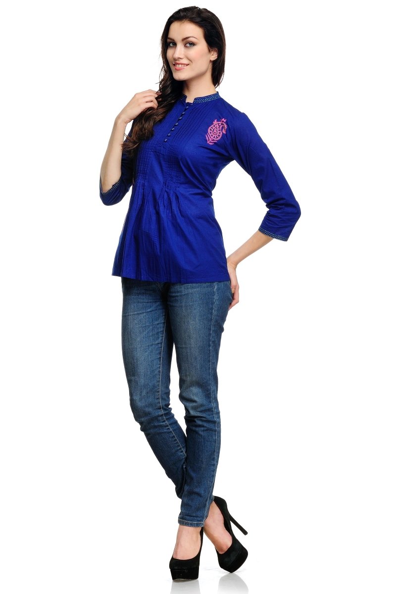 Blue Pleats Block Print Cotton Tunic - Kreate- Kurtis & Salwar Suits