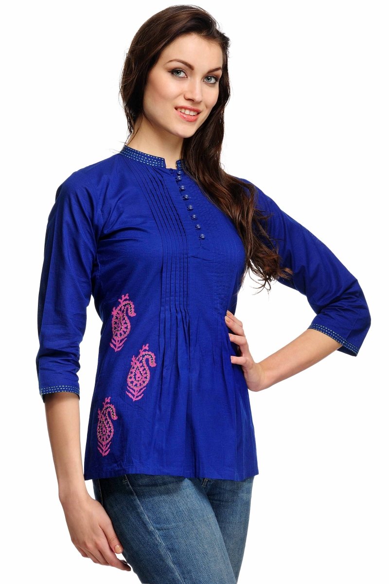 Blue Pleats Block Print Cotton Tunic - Kreate- Kurtis & Salwar Suits