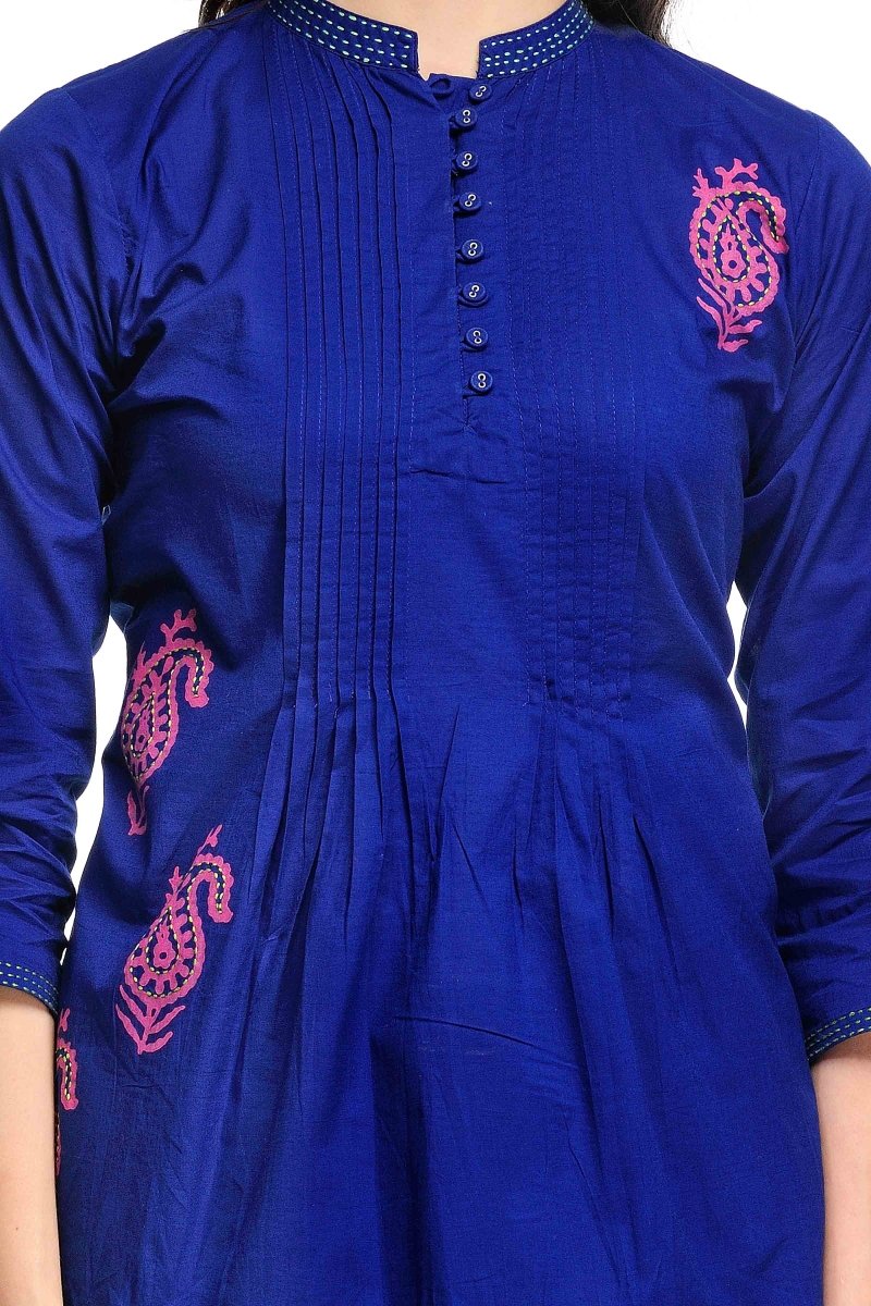 Blue Pleats Block Print Cotton Tunic - Kreate- Kurtis & Salwar Suits