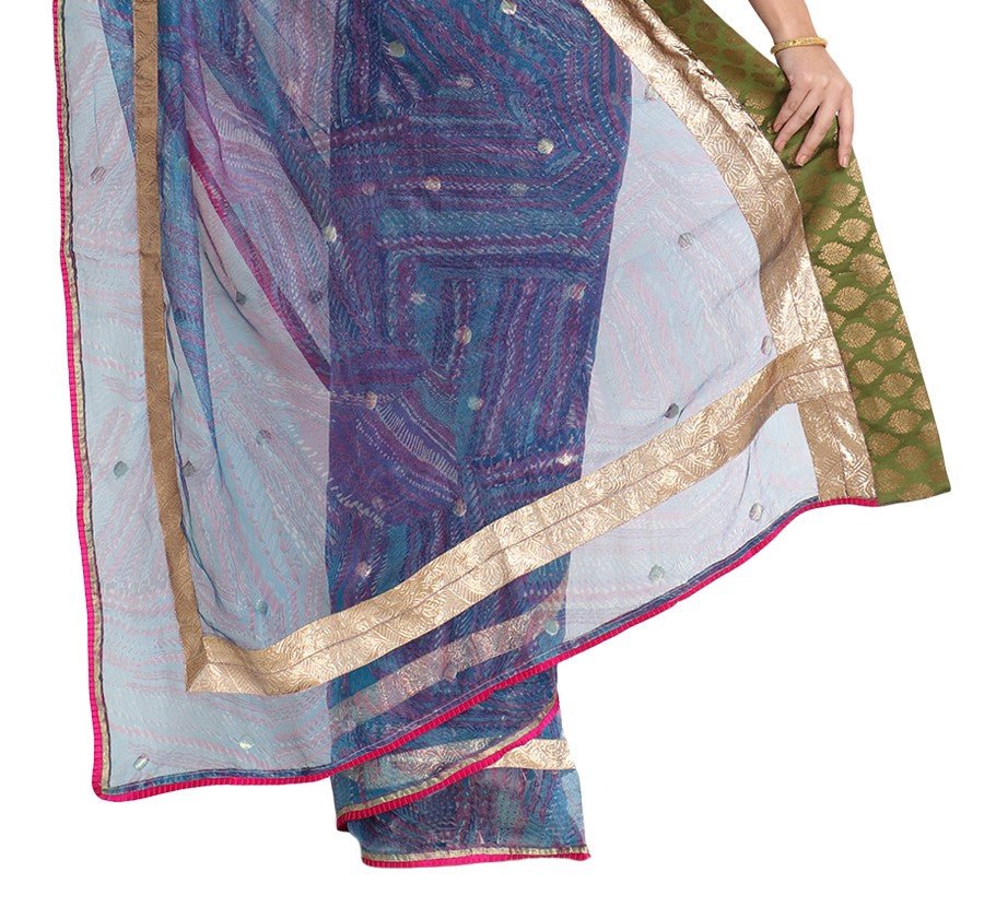 Blue Printed Net Saree with Blouse Piece - Kreate- Sarees & Blouses