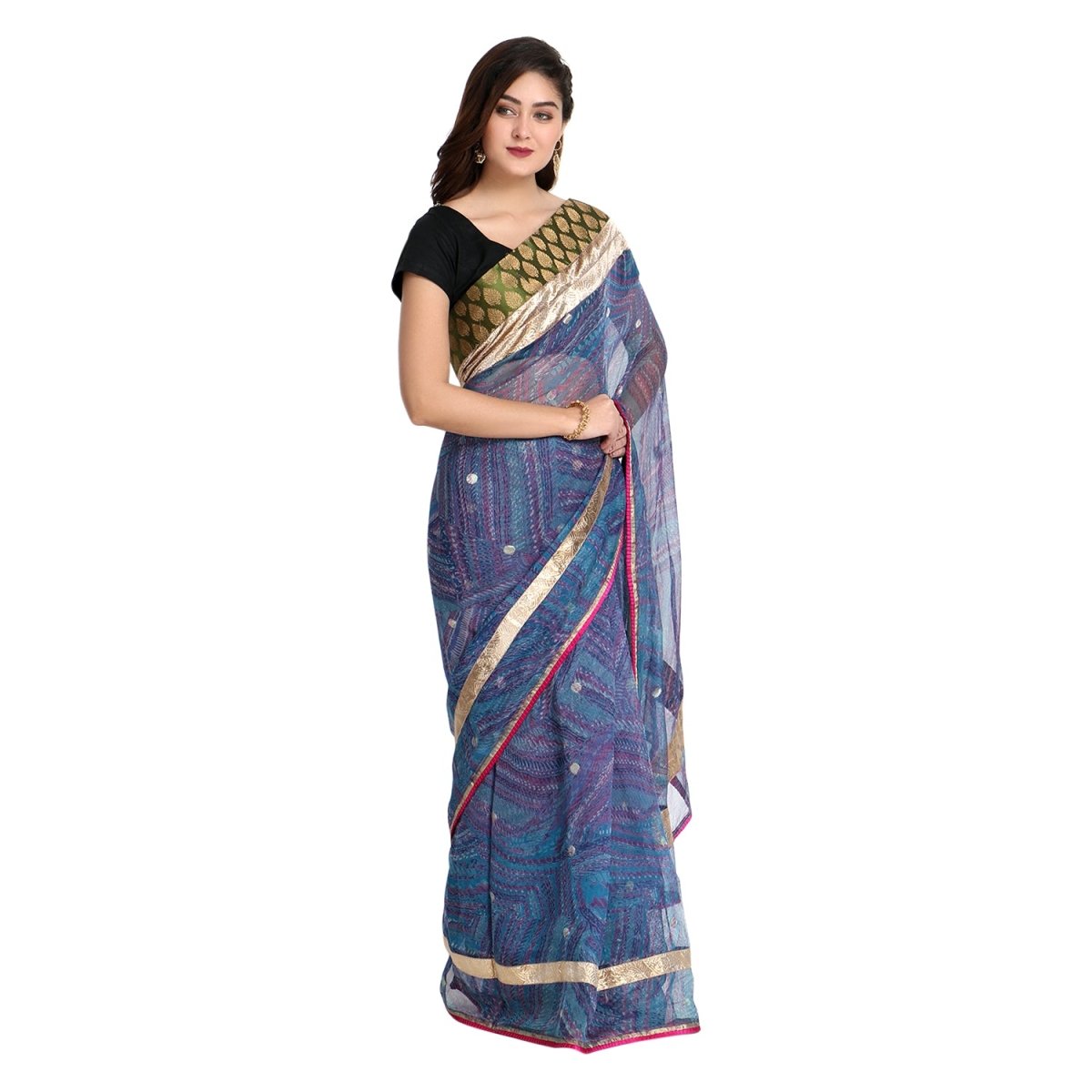 Blue Printed Net Saree with Blouse Piece - Kreate- Sarees & Blouses