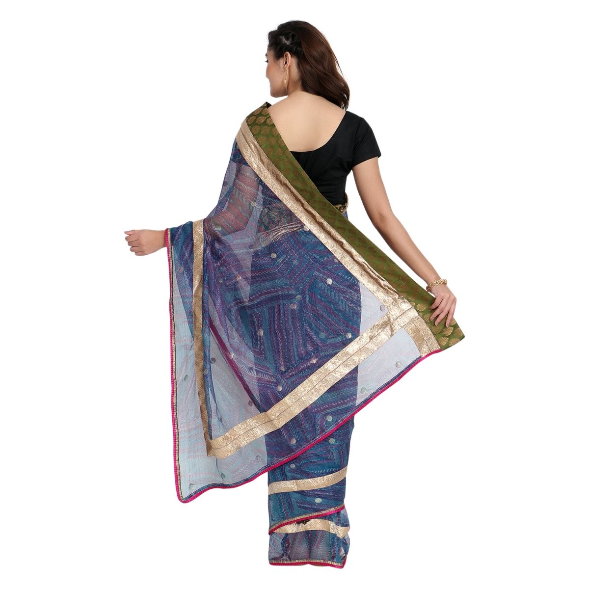 Blue Printed Net Saree with Blouse Piece - Kreate- Sarees & Blouses