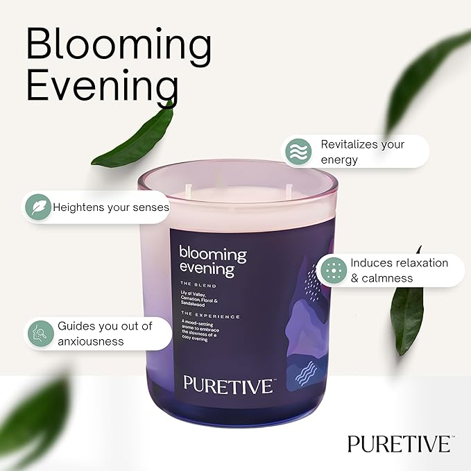 
                  
                    PURETIVE I Blooming Evenings Scented Plant Therapy Candle | Rose, Lily of Valley & Sandalwood | 100% Soy Wax & Essesntial Oil I Luxury Gifting I 2 Wick Candle I Large I Upto 35 hrs Burn time
                  
                