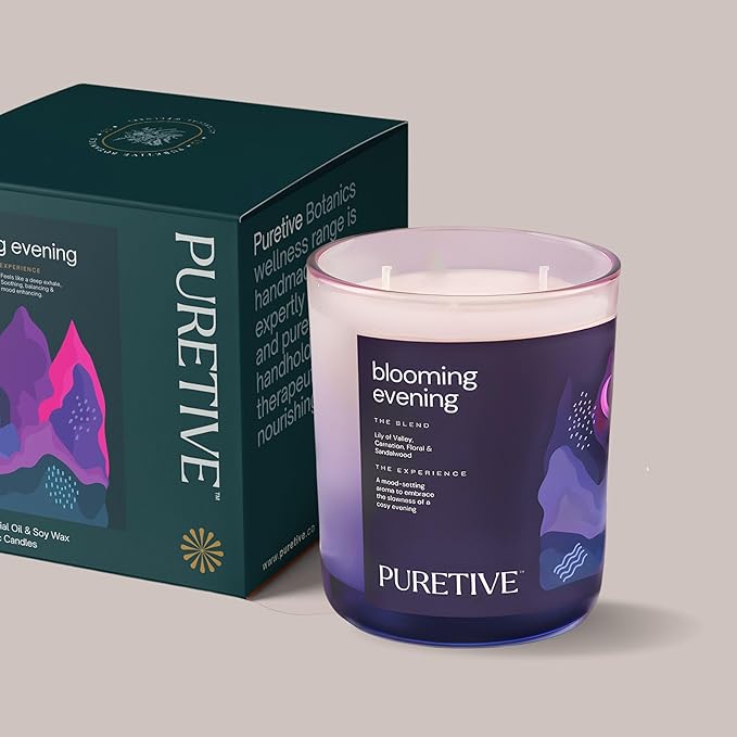PURETIVE I Blooming Evenings Scented Plant Therapy Candle | Rose, Lily of Valley & Sandalwood | 100% Soy Wax & Essesntial Oil I Luxury Gifting I 2 Wick Candle I Large I Upto 35 hrs Burn time