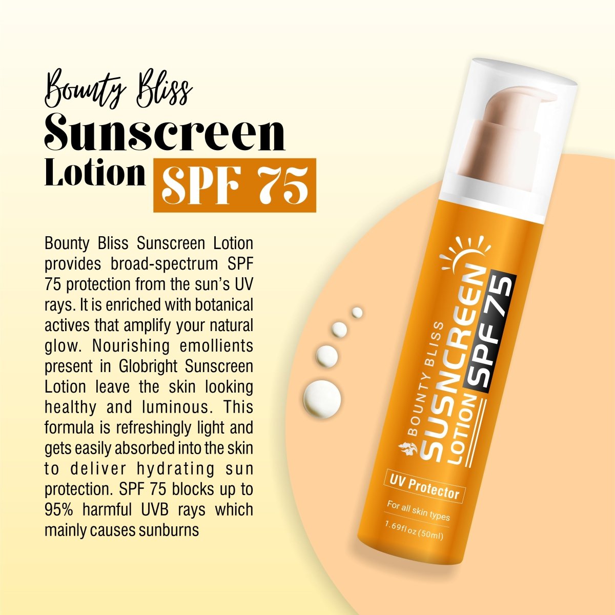 Bounty Bliss Sunscreen Lotion SPF-75 PA+++ Broad Spectrum Protection UVA/UVB/Blue Rays - Kreate- Face