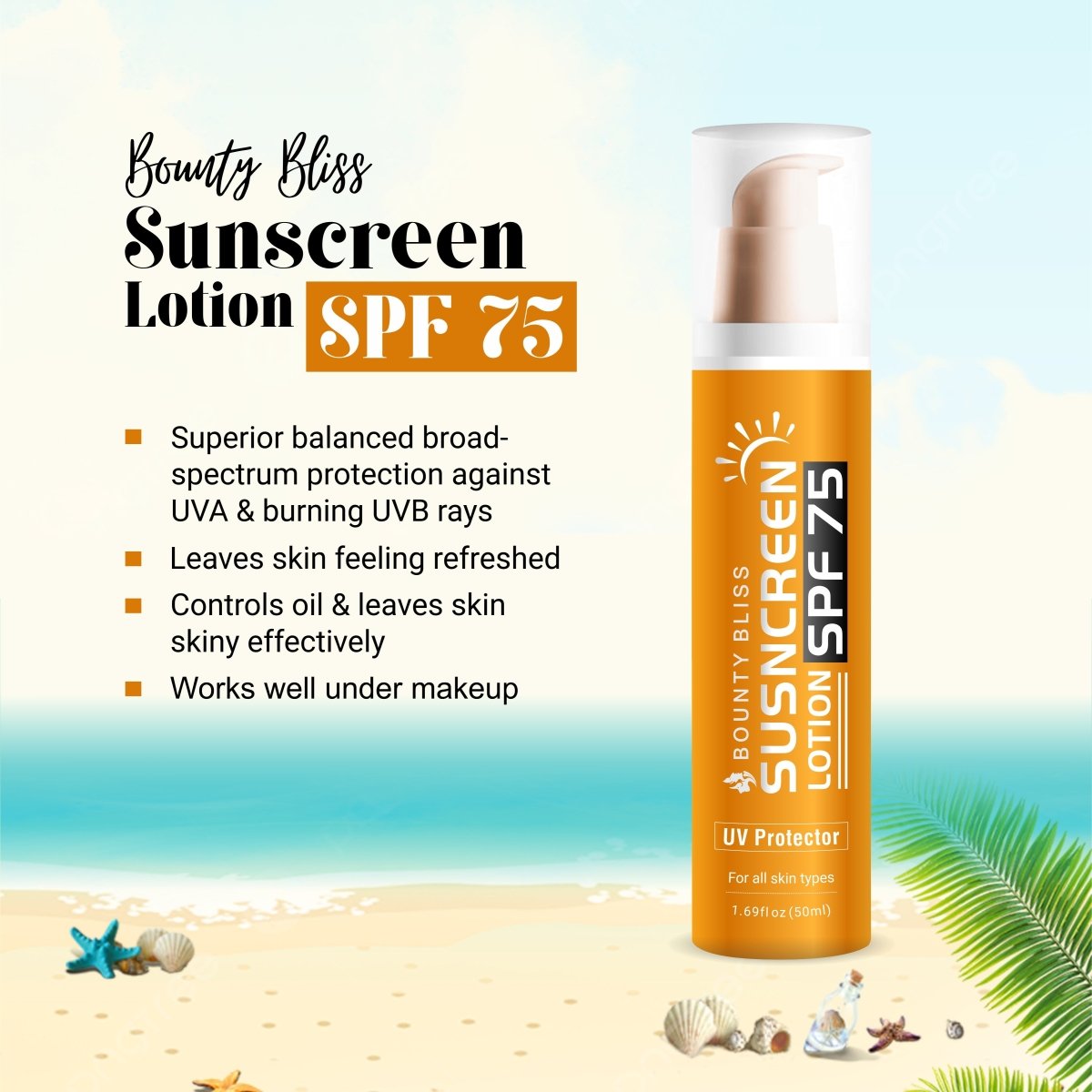 Bounty Bliss Sunscreen Lotion SPF-75 PA+++ Broad Spectrum Protection UVA/UVB/Blue Rays - Kreate- Face
