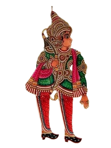 Leather kalamkari art wall decor depicting Lakshman from the Ramayana, showcasing vibrant colors and intricate traditional craftsmanship for a unique and culturally rich addition to any modern space.