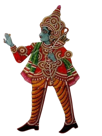 Leather kalamkari art wall decor depicting Lord Ram in vibrant colors, showcasing intricate traditional craftsmanship and artistic expression without frame.