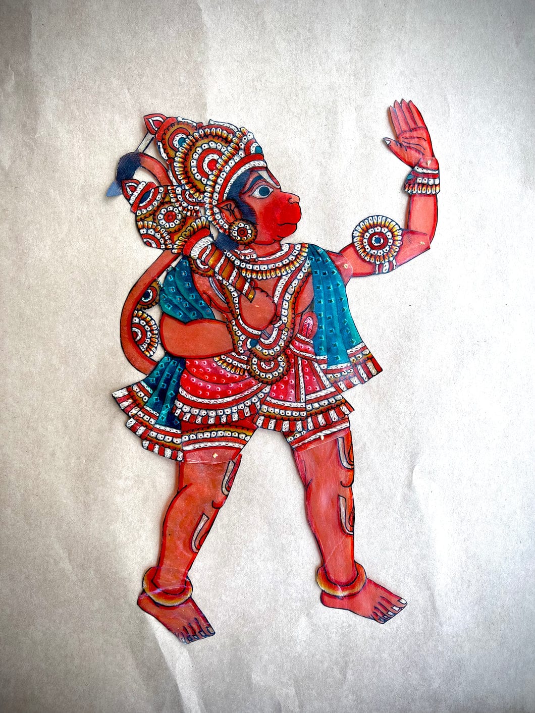 Leather puppet Kalamkari wall art of Hanuman without frame, showcasing intricate traditional Indian artistry with vibrant colors and detailed motifs. Ideal for adding cultural elegance and spiritual heritage to any space.