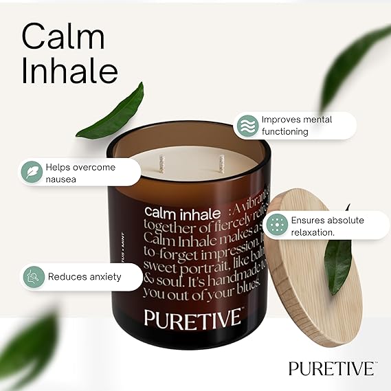 
                  
                    PURETIVE | Calm Inhale Scented Plant Therapy Candle | Eucalyptus and Mint | 100% Soy Wax & Essesntial Oil | Luxury Gifting | 2 Wick Candle | Large | Upto 35 hrs Burn time
                  
                
