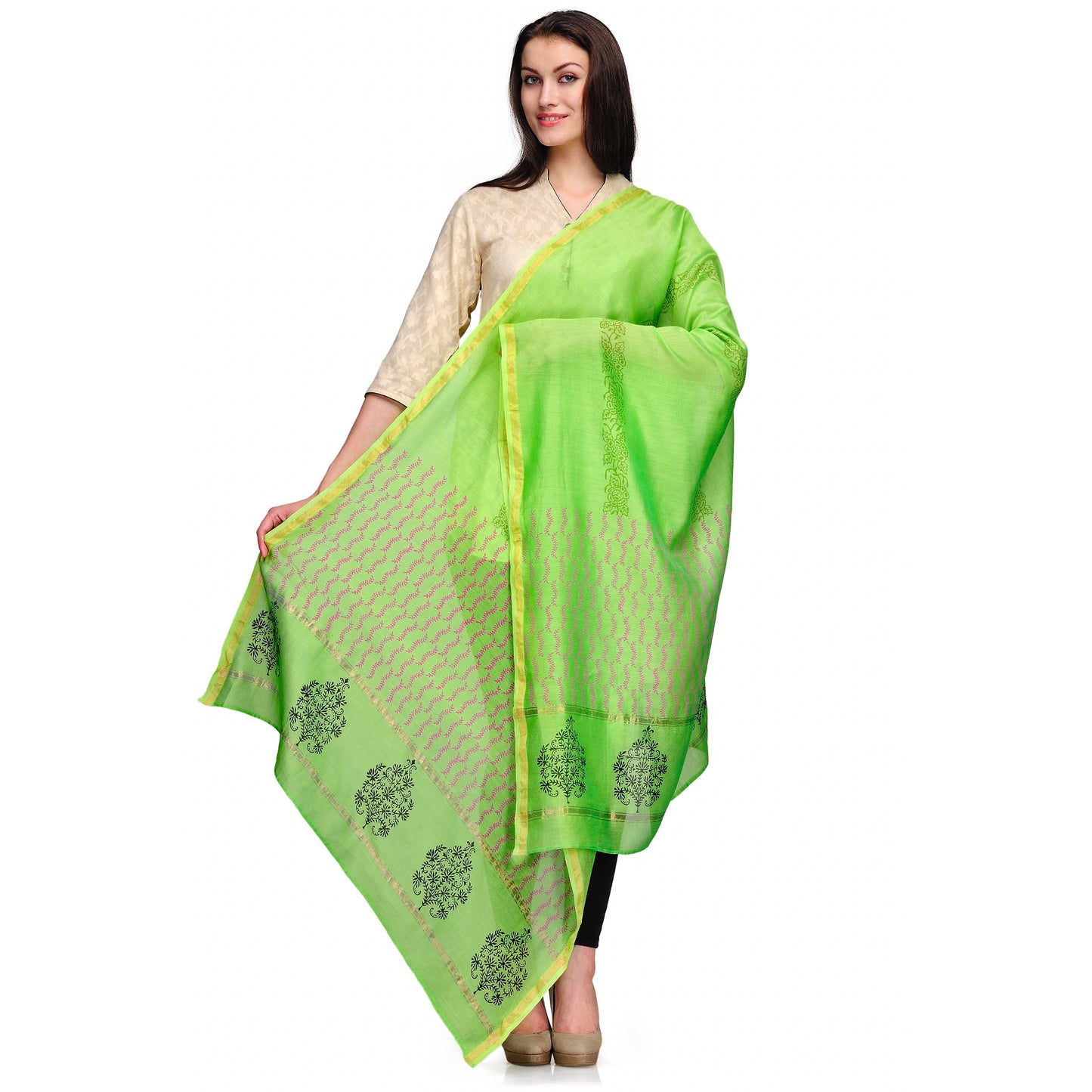Green Cotton Silk Chanderi Block Print Dupatta