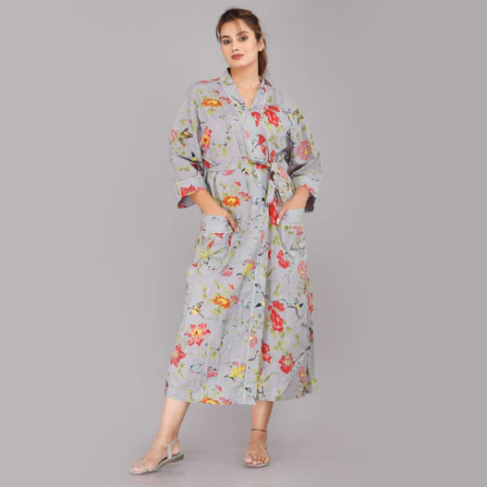 Floral Pattern Kimono Robe Long Bathrobe For Women (Grey)