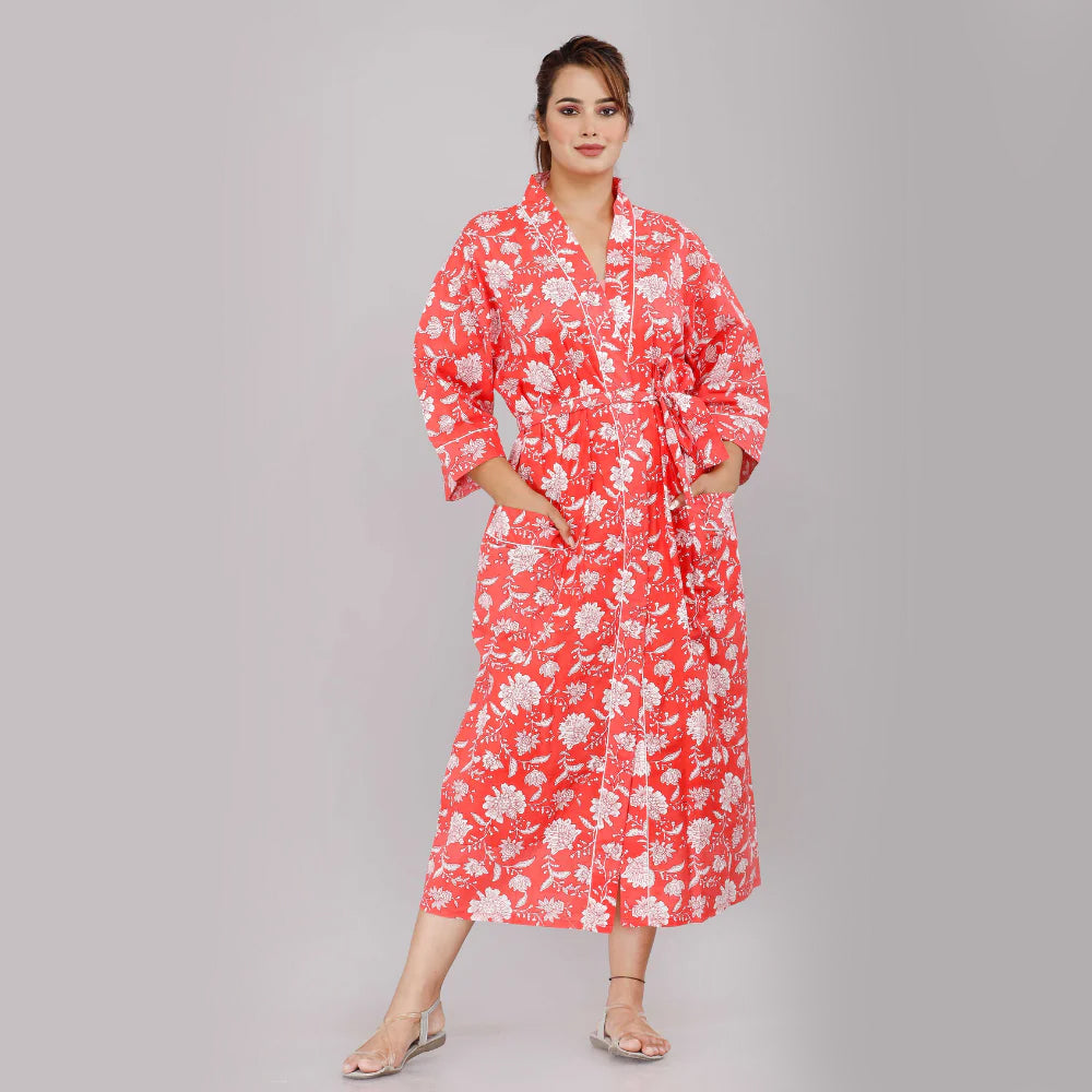 Floral Pattern Kimono Robe Long Bathrobe For Women (Red)