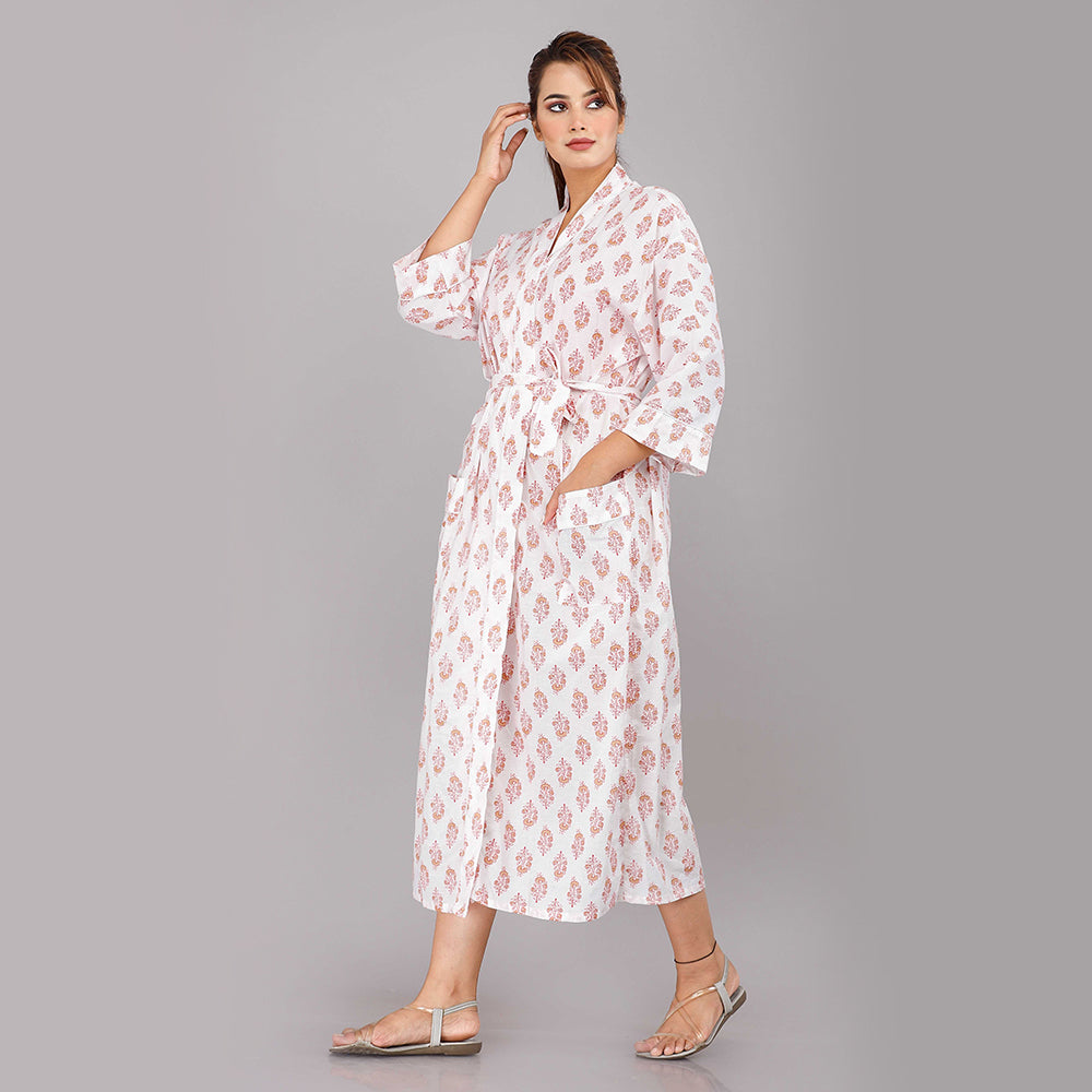 Floral Pattern Kimono Robe Long Bathrobe For Women (White)