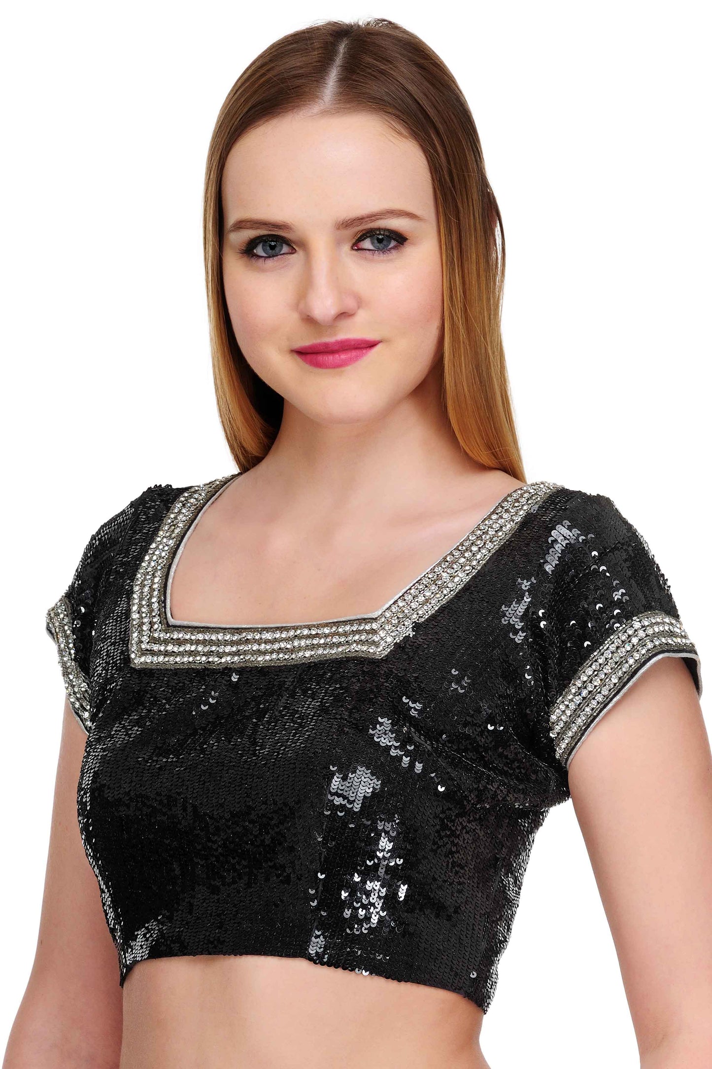 Cotton silk saree blouse with sequin and crystal embroidery