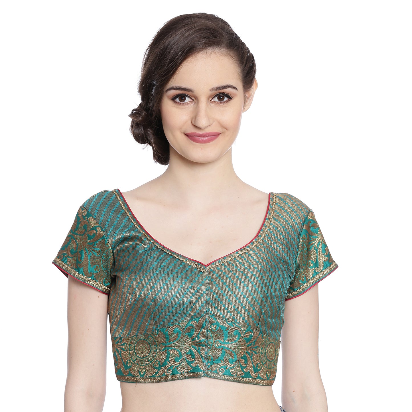 Teal Brocade Silk Brocade Saree Blouse with Embroidery