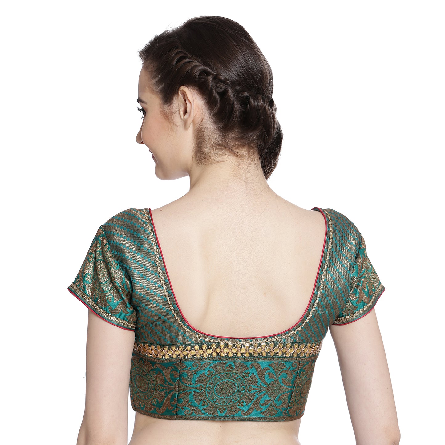 Teal Brocade Silk Brocade Saree Blouse with Embroidery