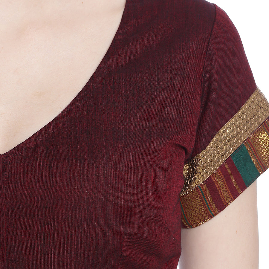 Maroon Handwoven Saree Blouse with Paisley Embroidery