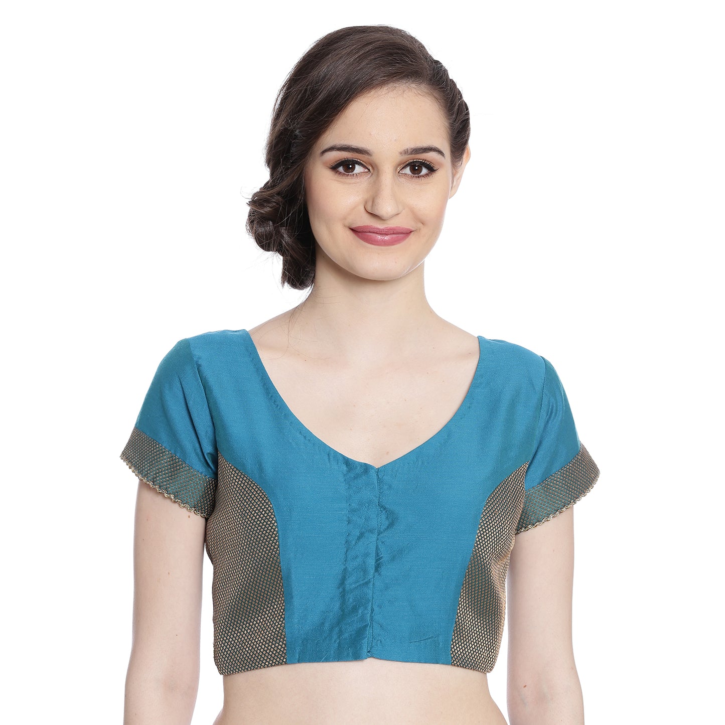 Teal Cotton Silk Saree Blouse with Brocade and Embroidery