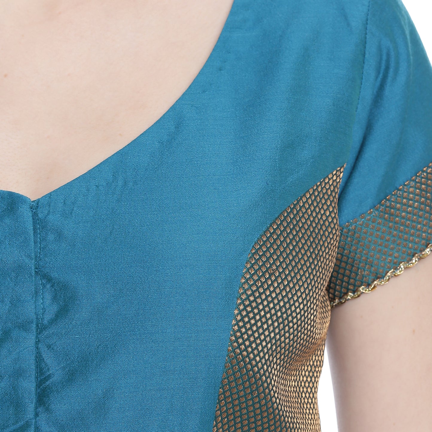 Teal Cotton Silk Saree Blouse with Brocade and Embroidery