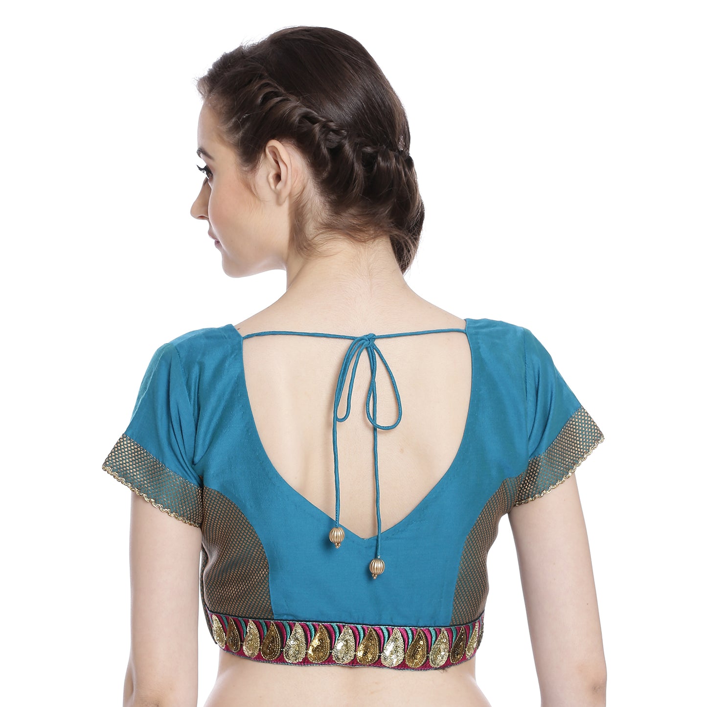 Teal Cotton Silk Saree Blouse with Brocade and Embroidery