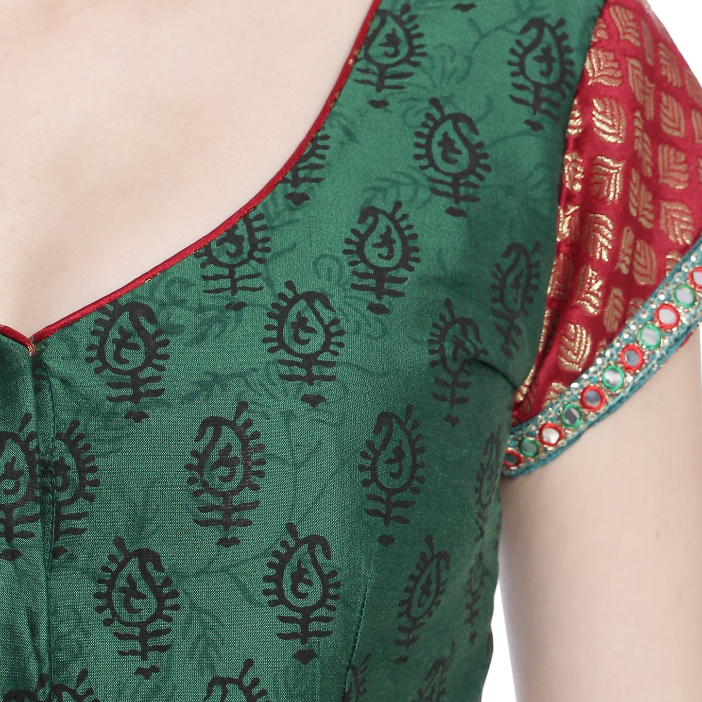 Dark Green Saree Blouse with paisley Block Prints
