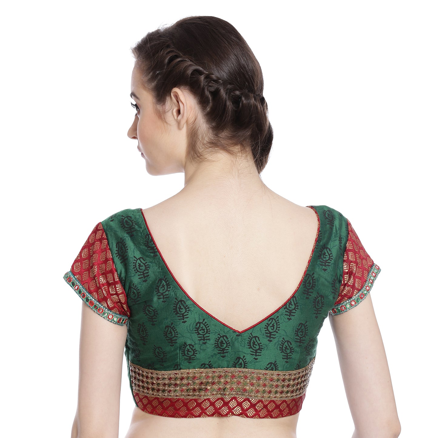 Dark Green Saree Blouse with paisley Block Prints