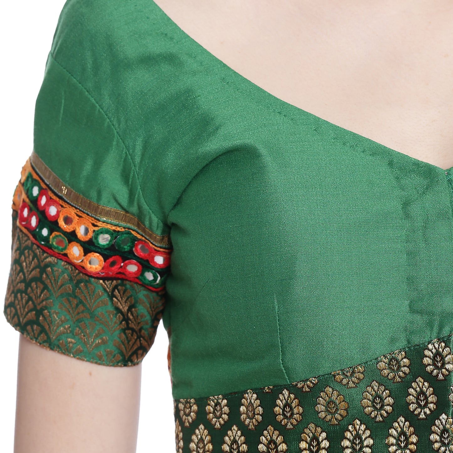 Green Cotton Silk Saree Blouse with Brocade and Mirror Border