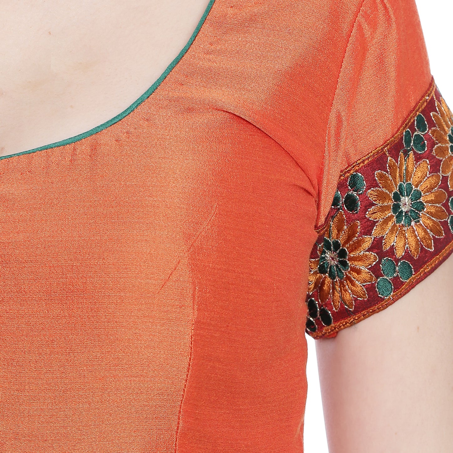 Orange Cotton Silk Saree Blouse with Embroidery