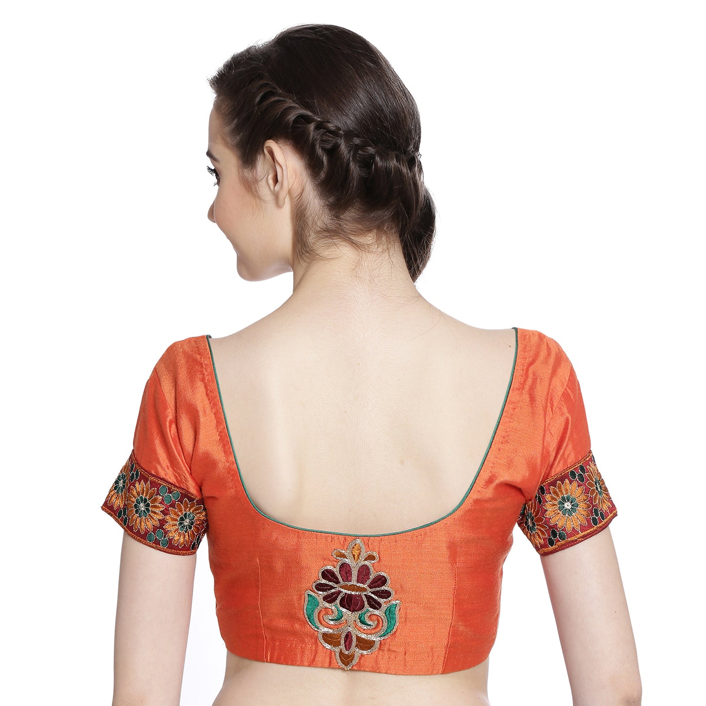 Orange Cotton Silk Saree Blouse with Embroidery