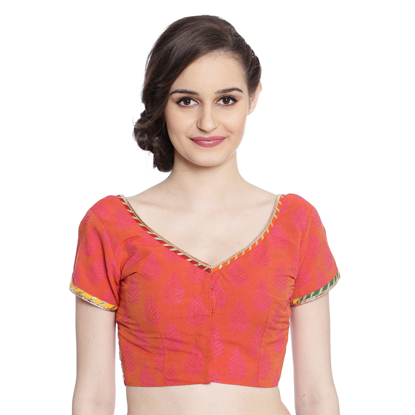 Orange Cotton Silk Block Print Saree Blouse with Zari Embroidery