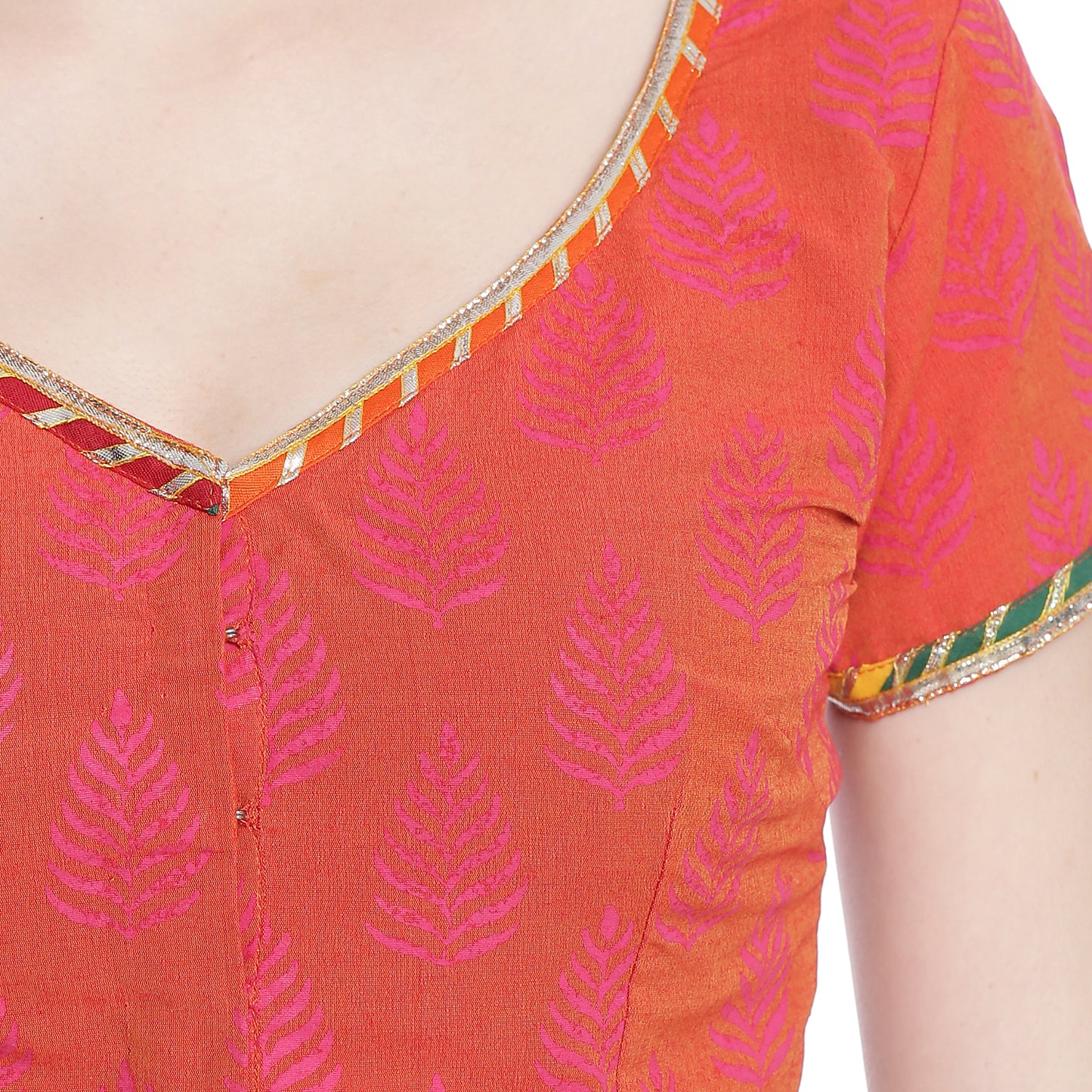 Orange Cotton Silk Block Print Saree Blouse with Zari Embroidery