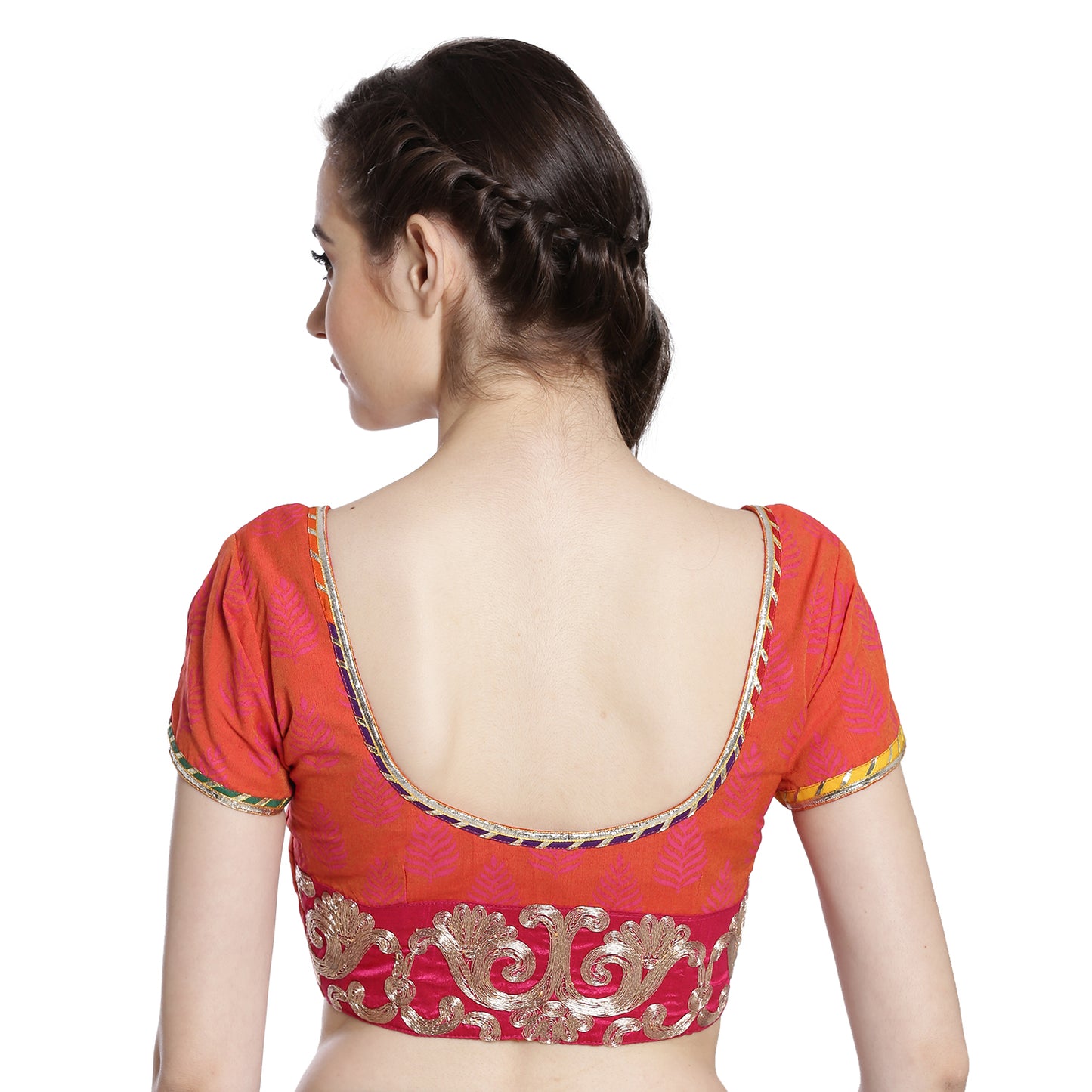 Orange Cotton Silk Block Print Saree Blouse with Zari Embroidery