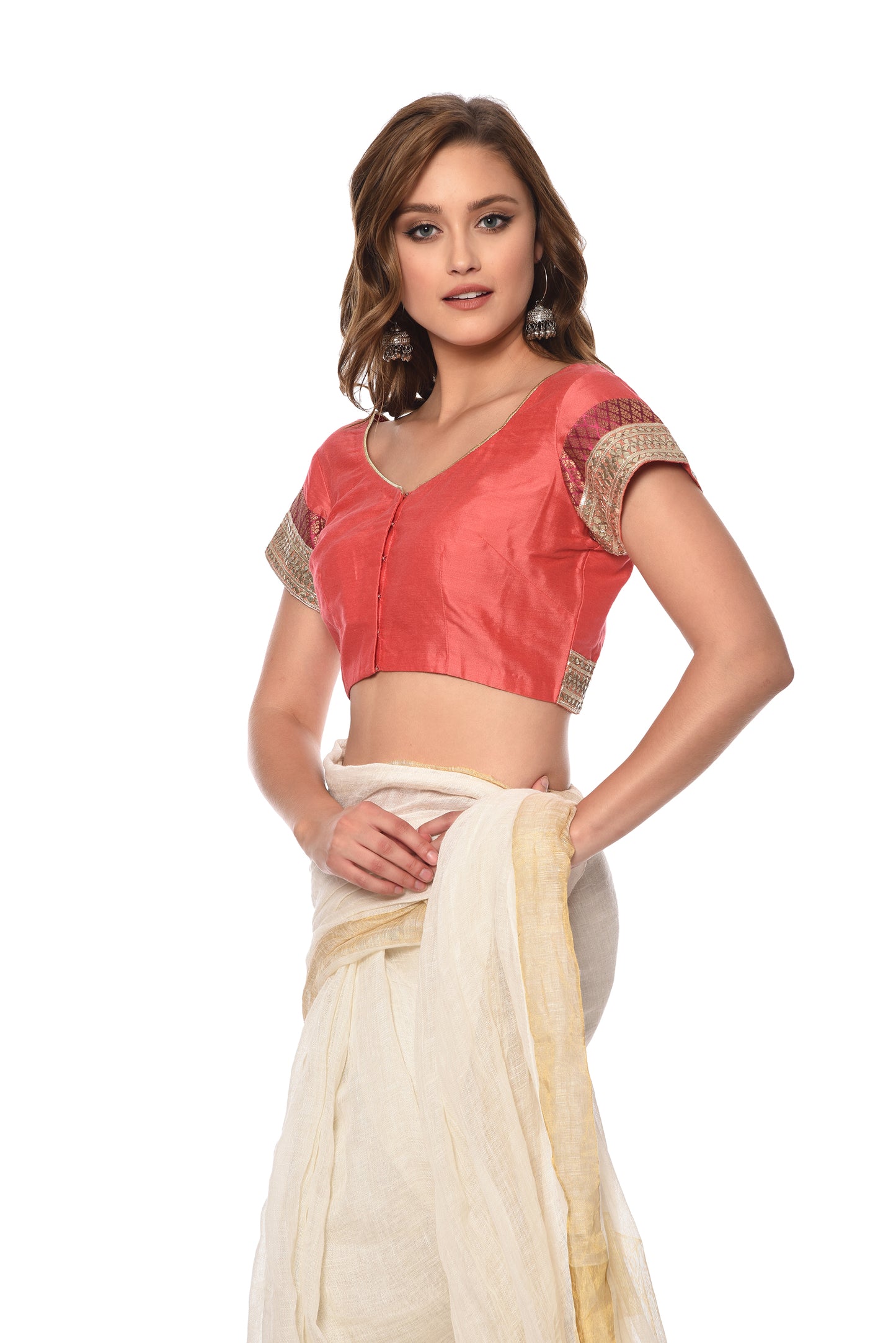 Pink Cotton Silk Saree Blouse with Gota Embroidery