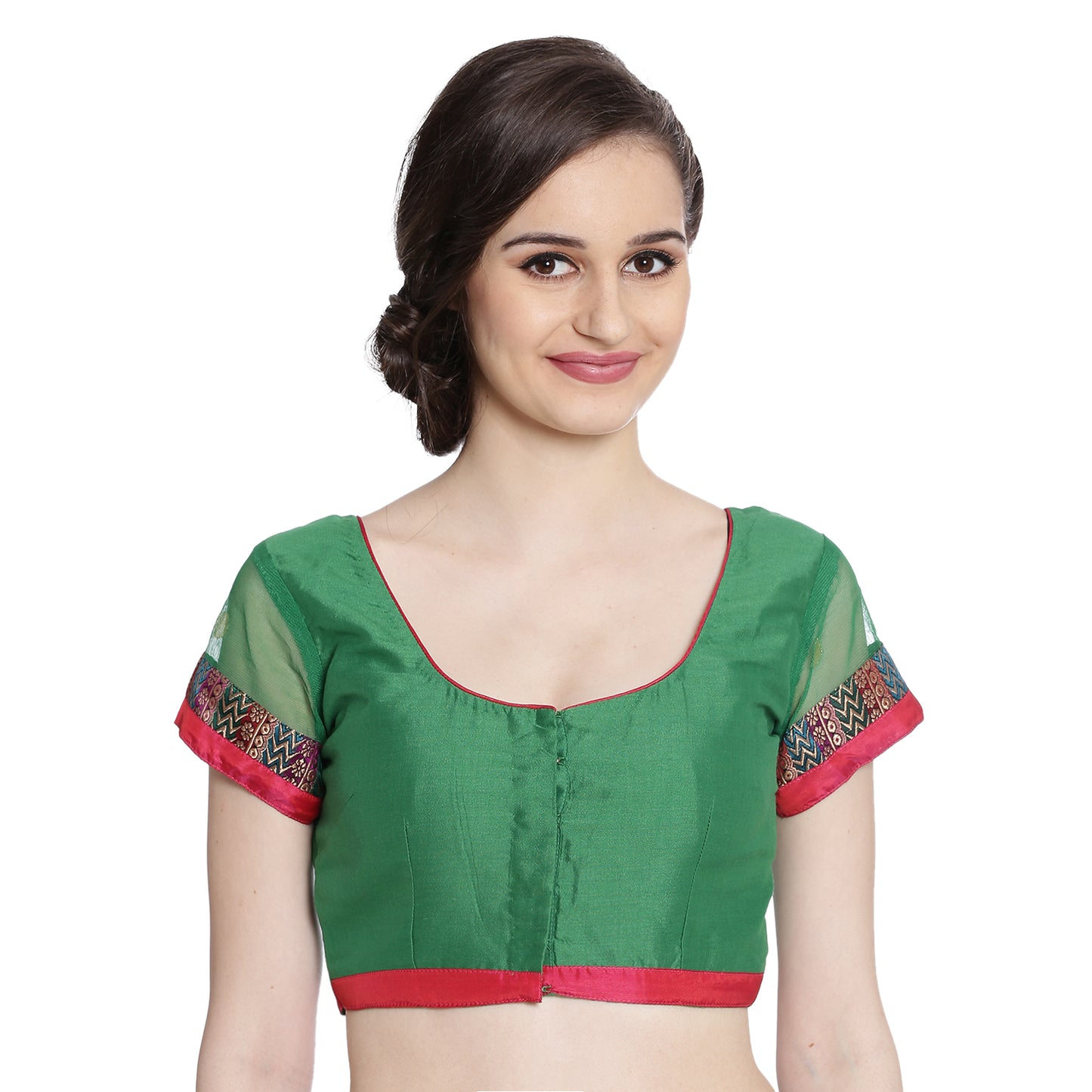 Dark Green Cotton Silk Saree Blouse with Floral Motif and Net Sleeves