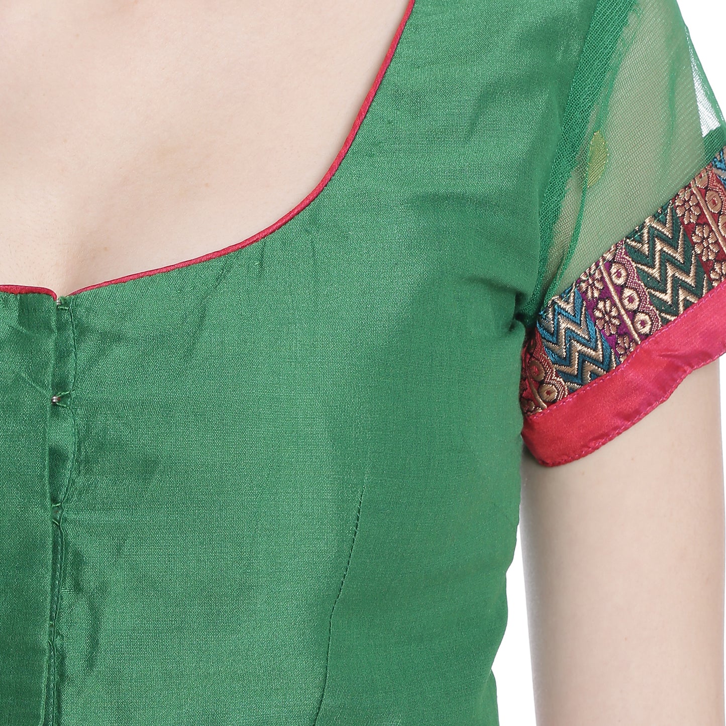Dark Green Cotton Silk Saree Blouse with Floral Motif and Net Sleeves