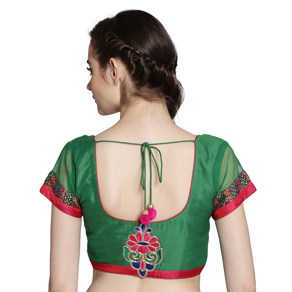 Dark Green Cotton Silk Saree Blouse with Floral Motif and Net Sleeves