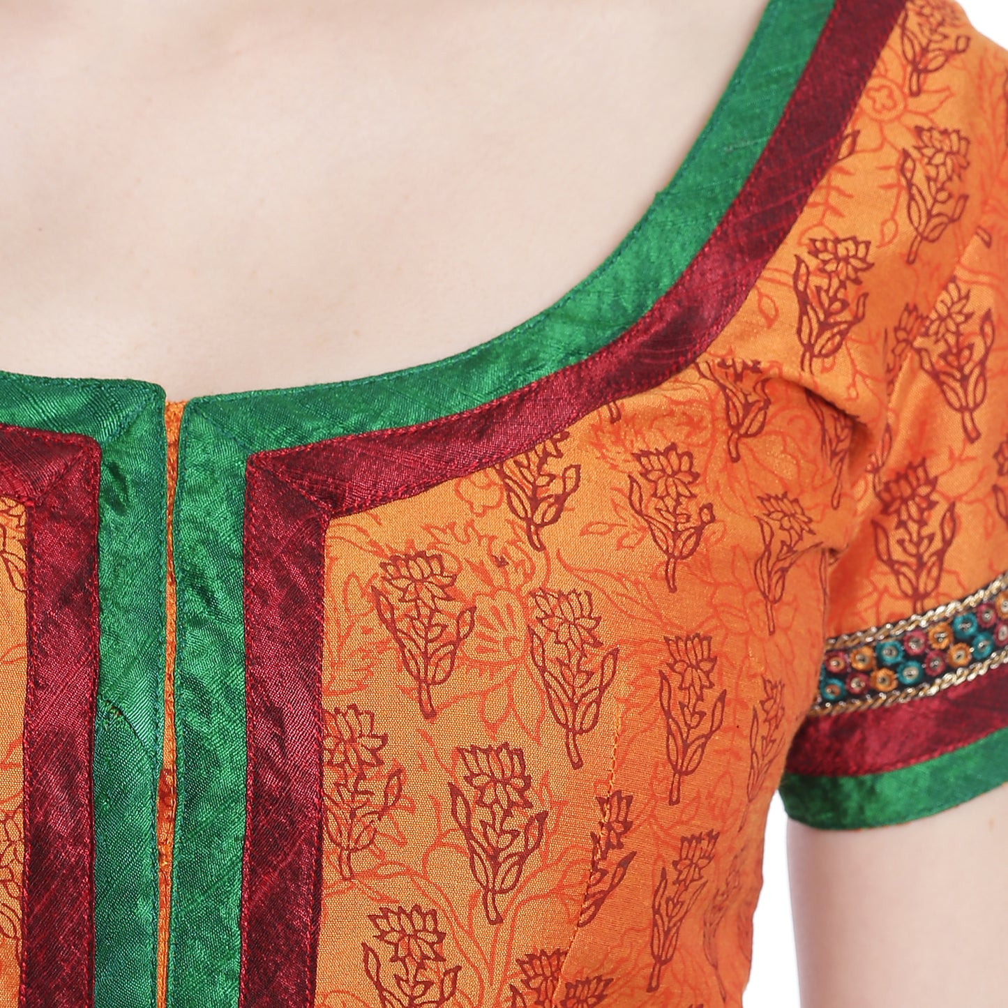 Lotus Print Orange Cotton Silk Saree Blouse