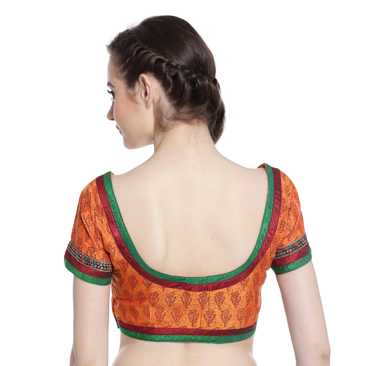 Lotus Print Orange Cotton Silk Saree Blouse