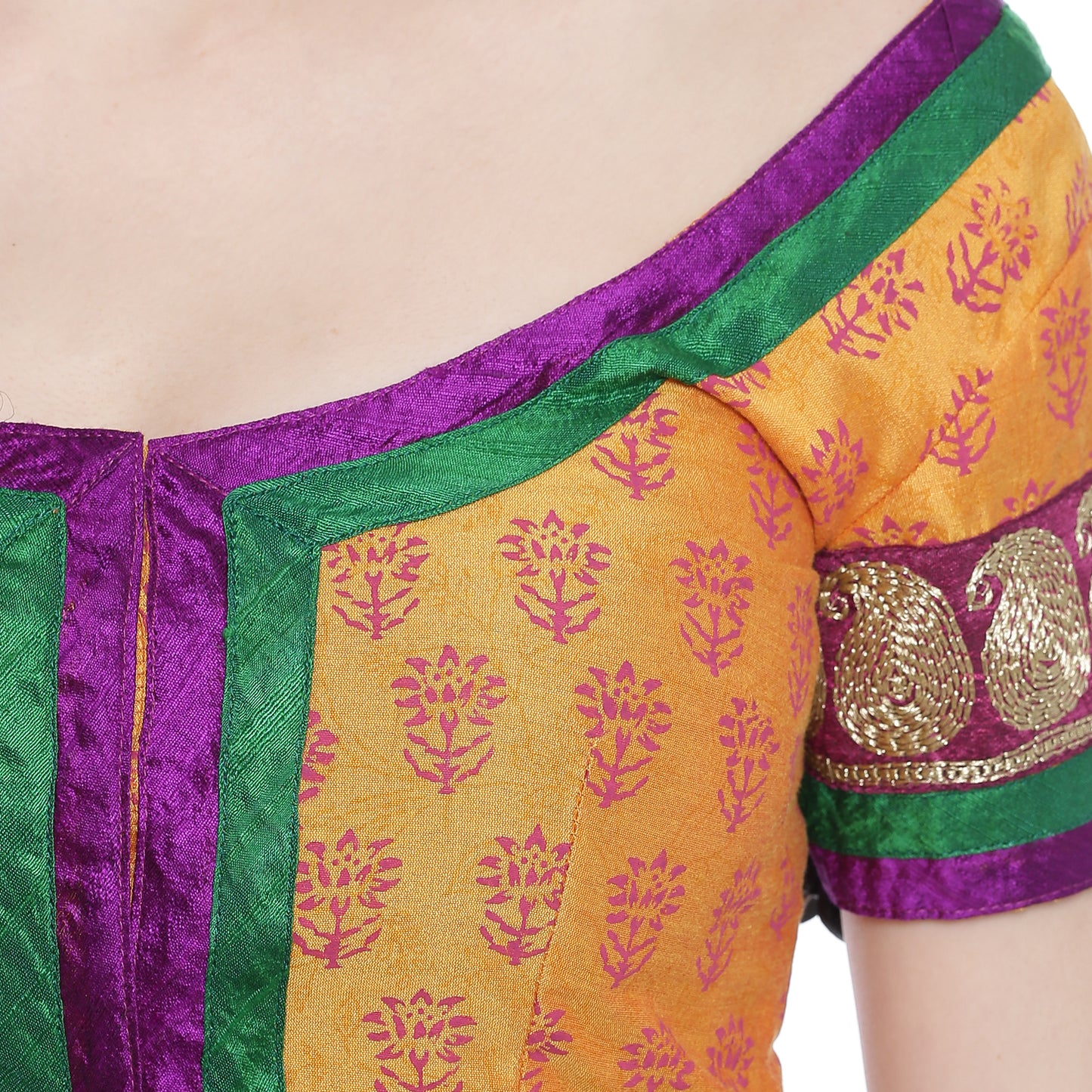 Yellow Print Cotton Silk Saree Blouse with Paisley Border